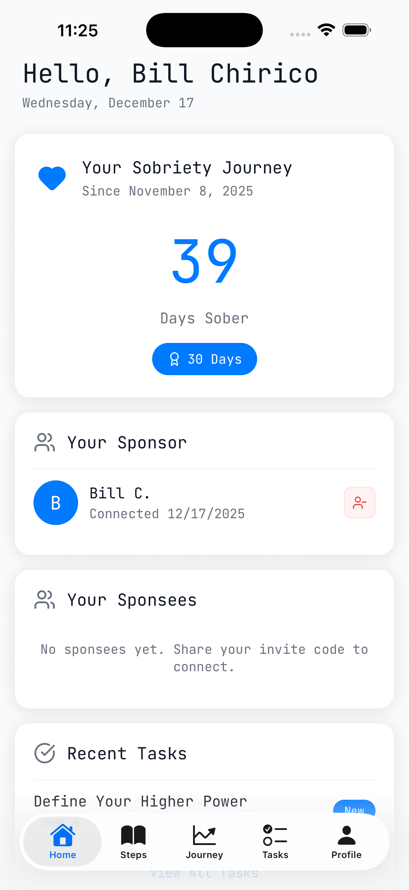 Sobers dashboard showing sobriety counter and daily check-in